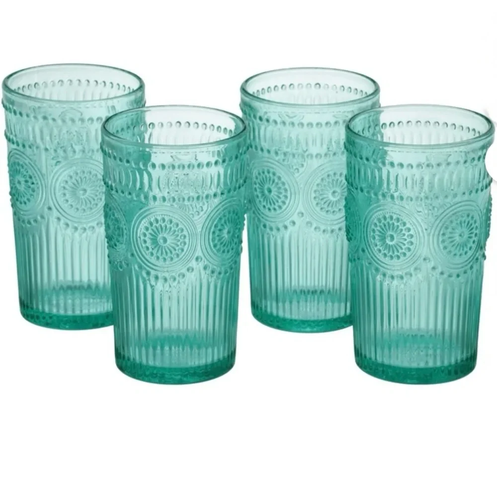 The Pioneer Woman Adeline 16-Ounce Teal Emboss Glass Tumblers, Set of 4 - Picture 2 of 6
